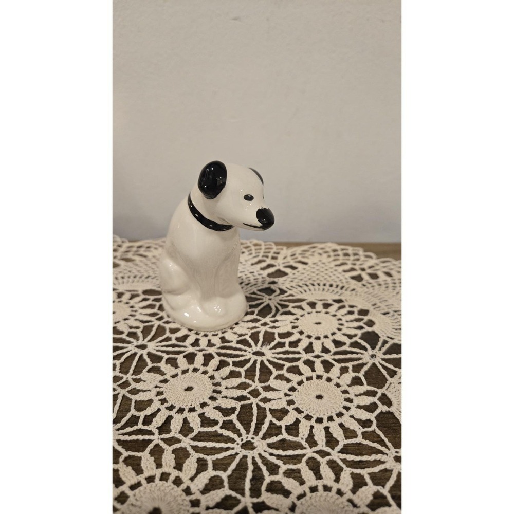 Vtg Ceramic Dog Figurine Black & White Terrier Nipper RCA Style Retro Decor 1973